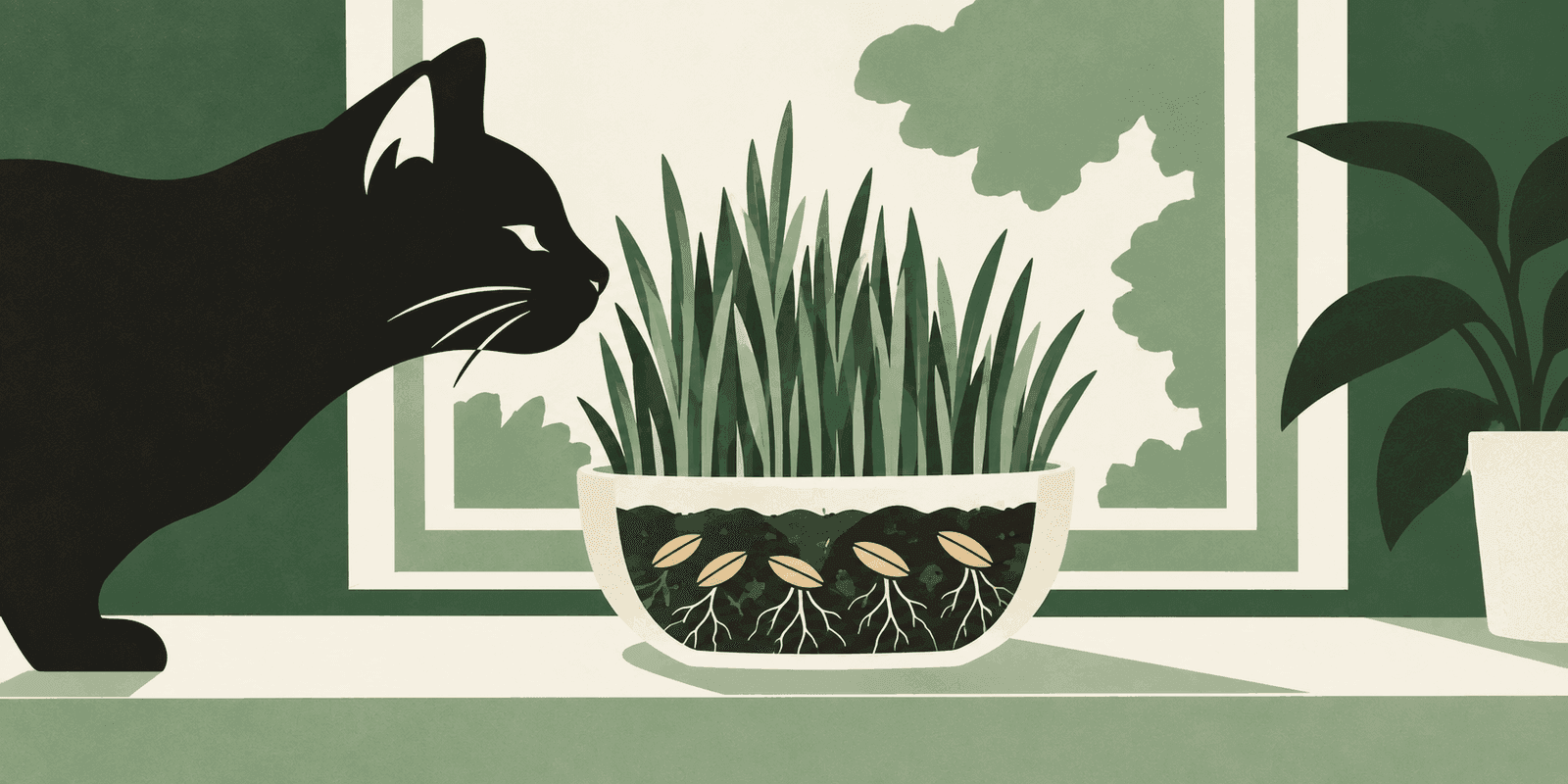 A cat sniffs a pot of young grass whose cut-away side shows seeds and roots in the soil.