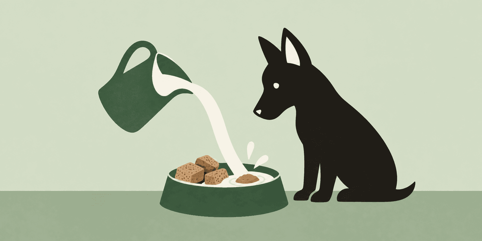 A dog sits beside a bowl as water is poured over freeze-dried food nuggets.