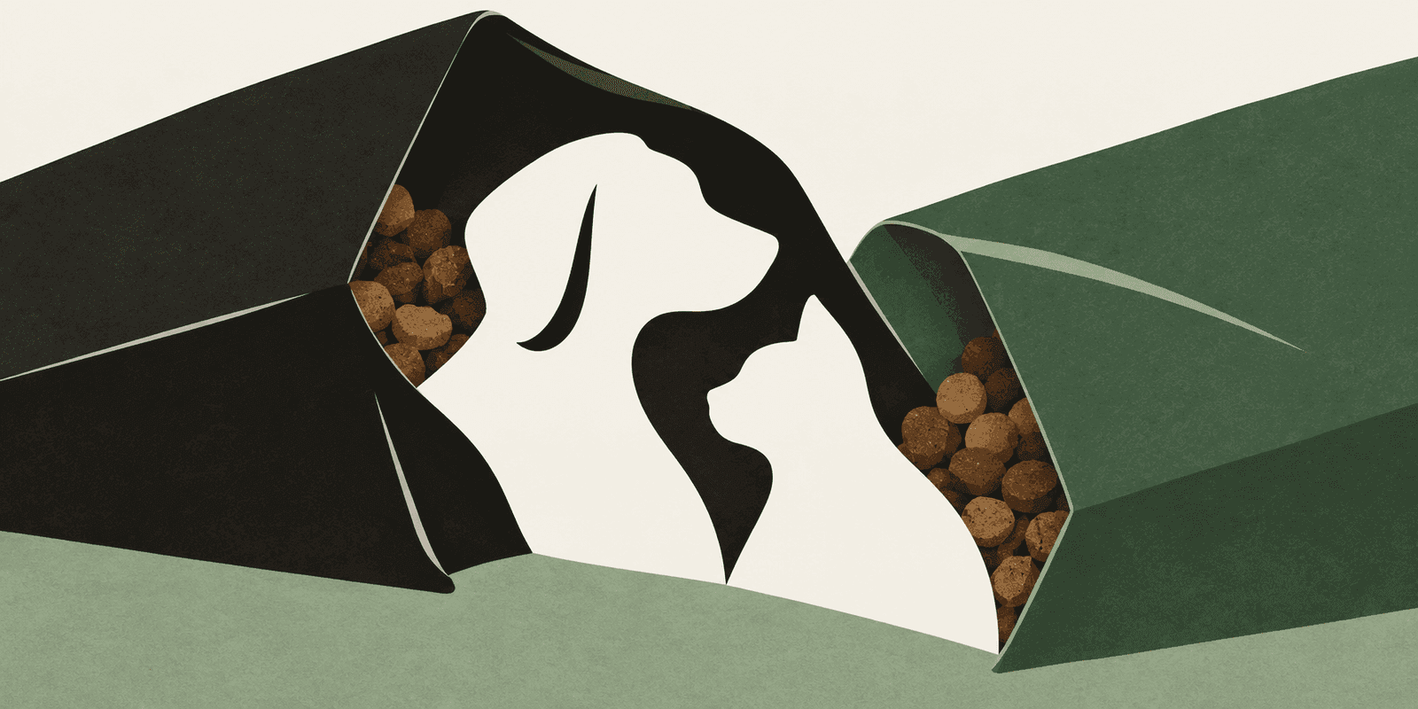 Two tipped-over food bags spilling kibble, with the space between them forming the profiles of a dog and a cat.