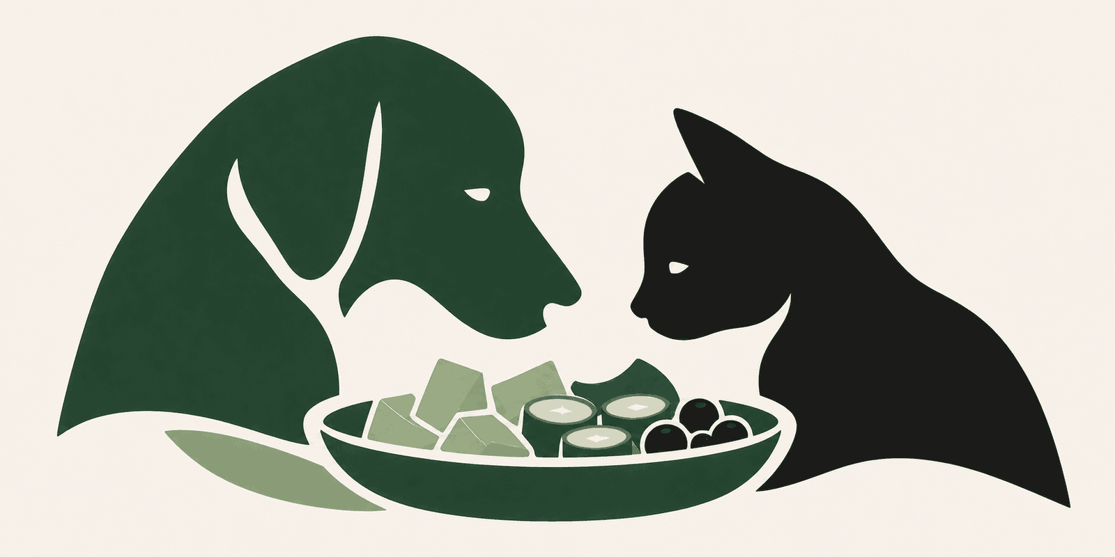 A green dog and black cat facing a platter of cucumber slices, berries, and cut melon on a cream background.