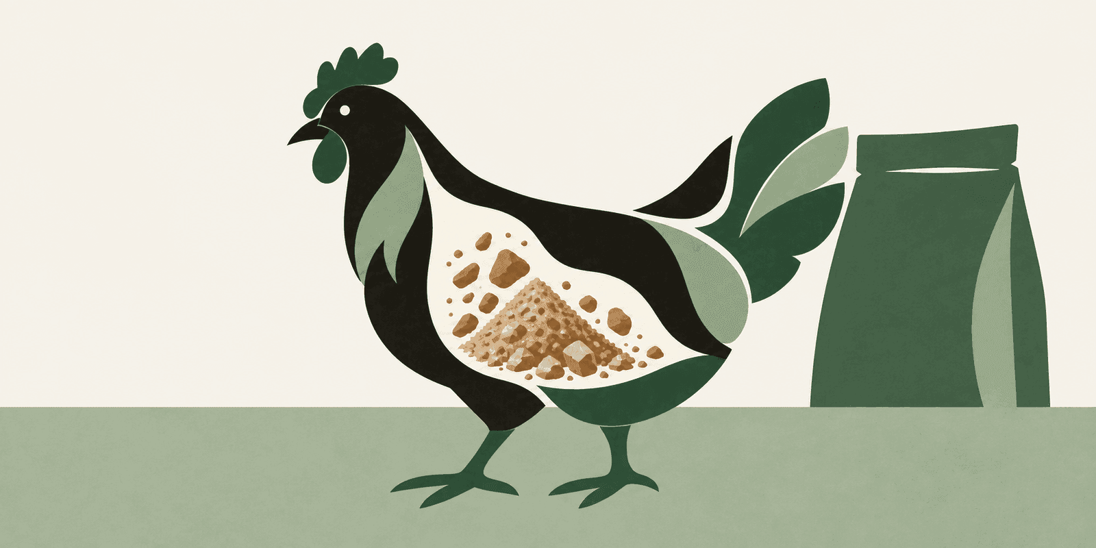 A chicken whose body opens to reveal a pile of ground meal, standing beside a plain food bag.