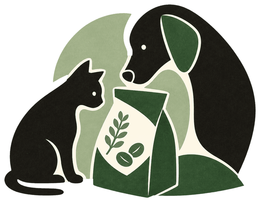 A dog and cat inspecting a pet treat pouch