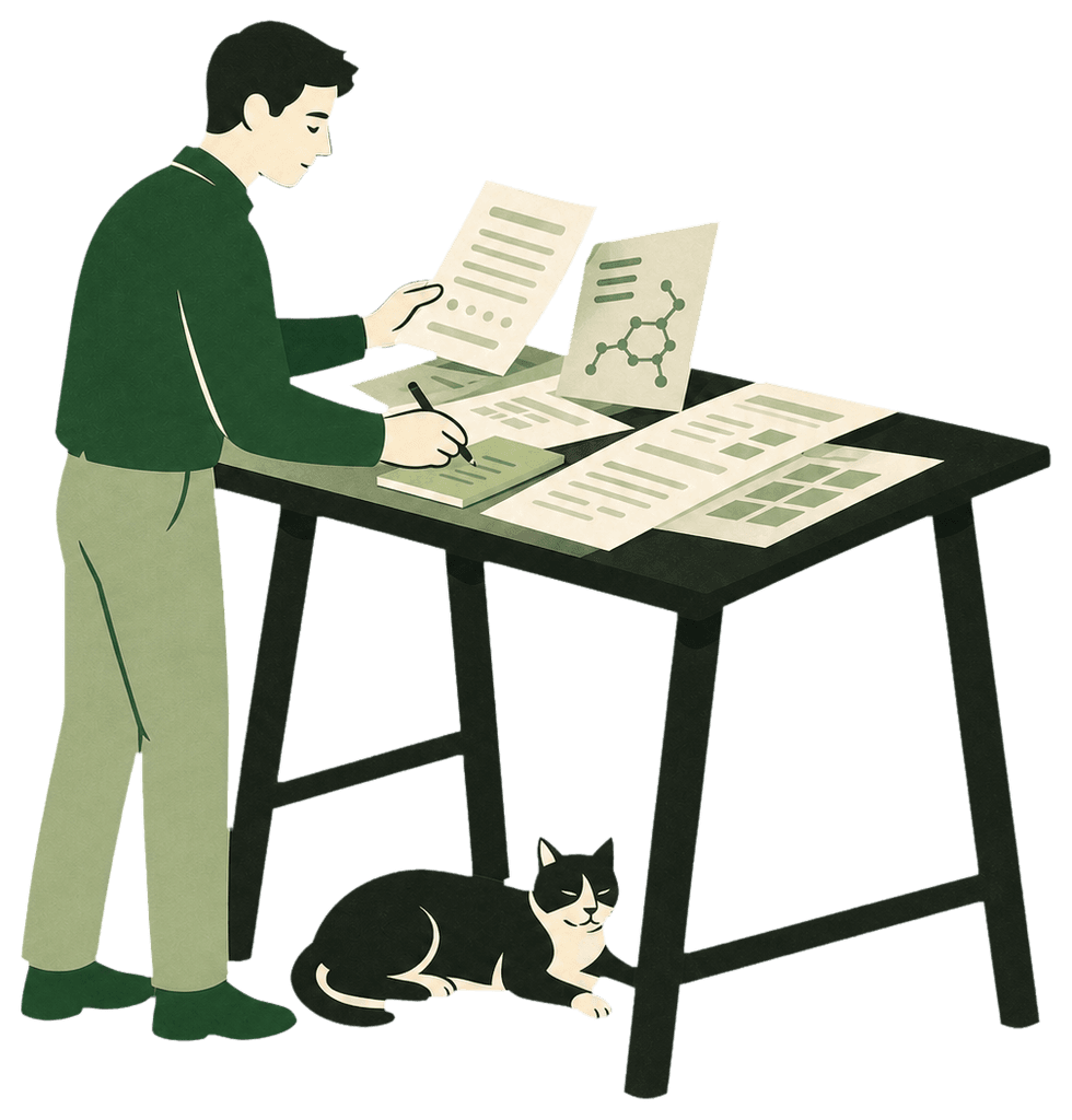 A Rootcut illustration of a male researcher comparing source documents while a cat rests beneath the table
