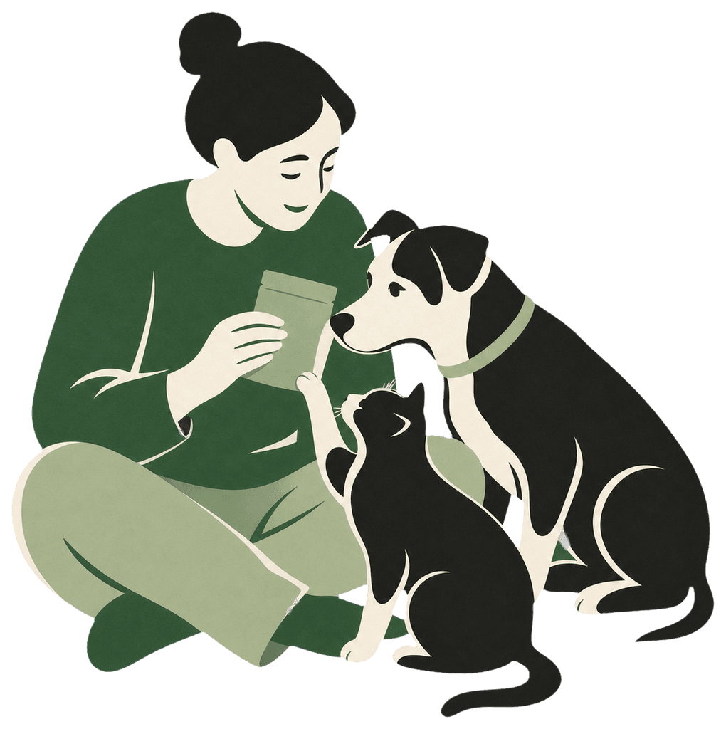A Rootcut illustration of an owner, dog, and cat examining a pet product together