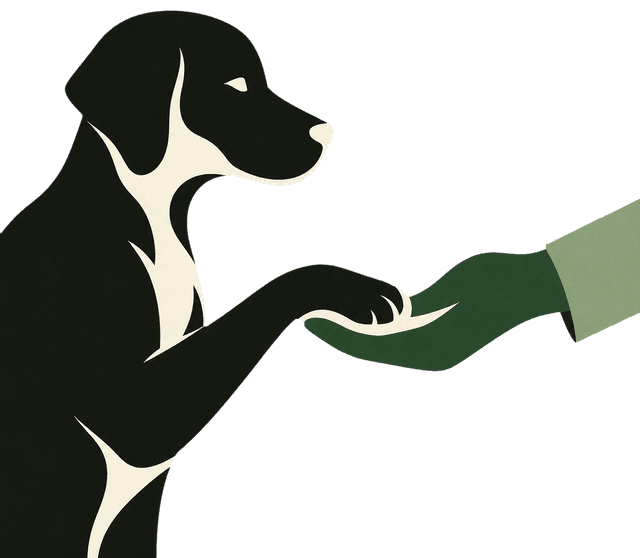 Rootcut illustration of a dog between two people