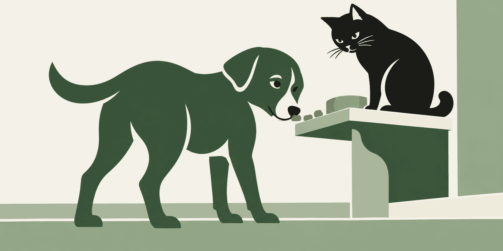 A dog noses at kibble below a ledge where a cat sits beside its food bowl.